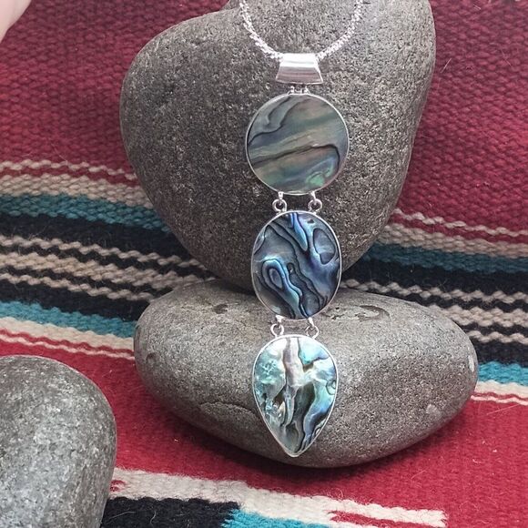 Abalone Shell Pendant Drop Necklace Triple Teardrop Circle Design Chain Sterling - Picture 5 of 8